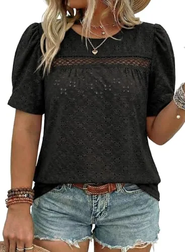 Lace Crew Neck Puff Sleeve Dress, Black