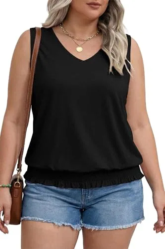 V Neck Sleeveless Loose Smocked Tank Top, Black
