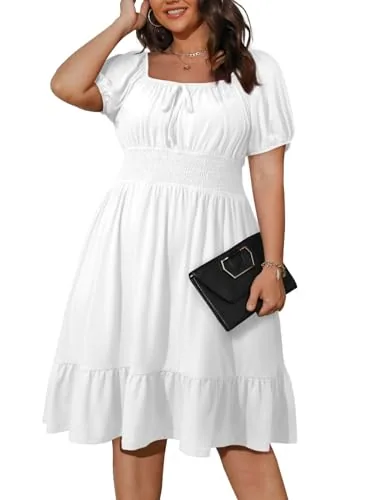 Square Neck Short Sleeve Mini Dress, White