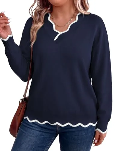 V Neck Long Sleeve Sweater, Navy Blue
