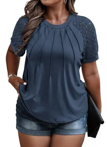 Lace Crew Neck Puff Sleeve Tee, Navy Blue