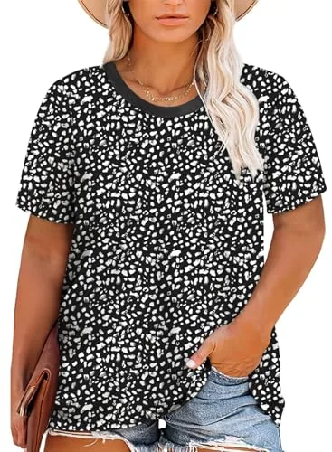 Polka Dot Crew Neck Short Sleeve Blouse, Black
