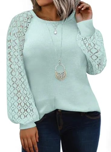Lace Round Neck Long Sleeve Blouse, Iceland Blue