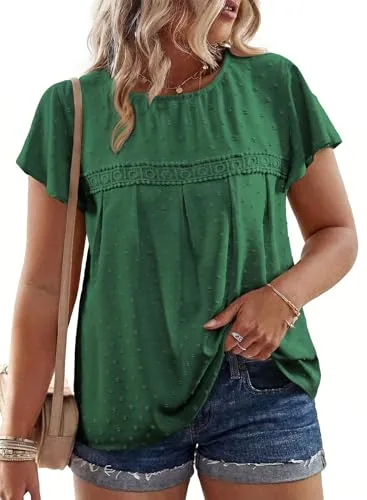 Lace Crew Neck Short Sleeve Loose Blouse II, Blackish Green