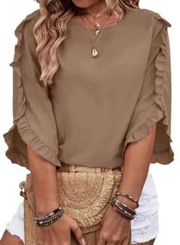 Crew Neck 3/4 Sleeve Dress, Brown