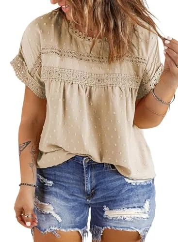 Lace Crew Neck Short Sleeve Blouse, Apricot