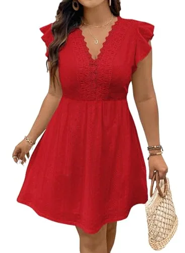 Lace V Neck Cap Sleeve Mini Dress, Red