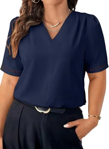 V Neck Short Sleeve Blouse, Navy Blue