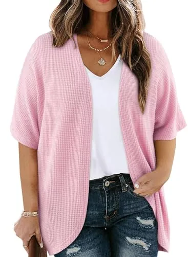 Waffle Knit Short Sleeve Kimono Cardigan II, Pink