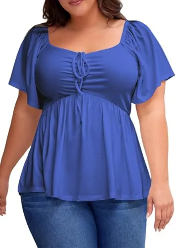 Sweetheart Neck Short Sleeve Smocked Peplum Top, Dark Blue