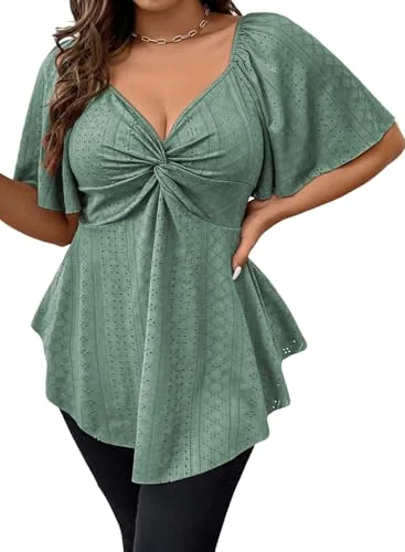 Lace V Neck Short Sleeve Loose Blouse, Green