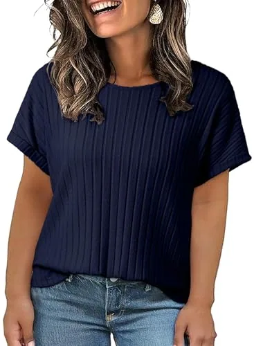 Ribbed Knit Round Neck Short Sleeve Shirt, Navy Blue