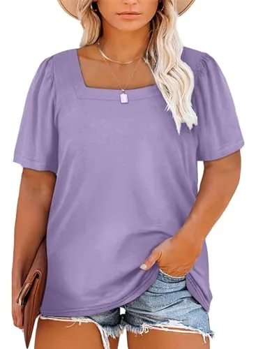 Square Neck Puff Sleeve Loose Blouse, Light Purple