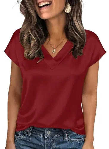 Satin V Neck Short Sleeve Dress, Red