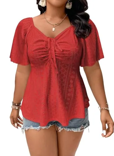 Lace Sweetheart Neck Short Sleeve Dress, Red