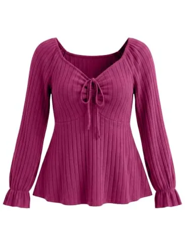 V Neck Long Sleeve Peplum Top, Rose