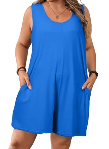 Crew Neck Sleeveless Loose One-Piece Swimsuit, Blue
