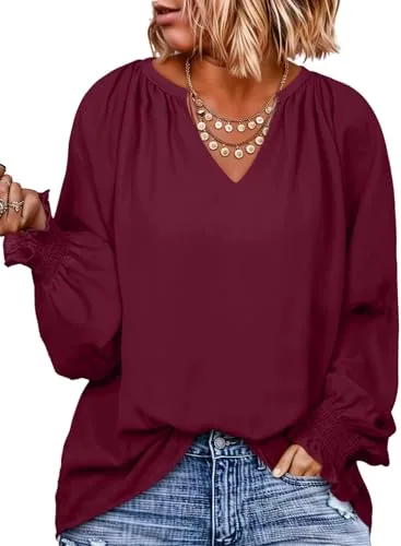 V Neck Long Sleeve Smocked Top II, Burgundy