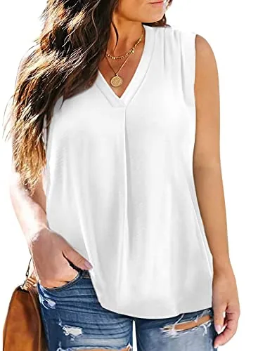 Chiffon V Neck Sleeveless Flowy Tank Top, White