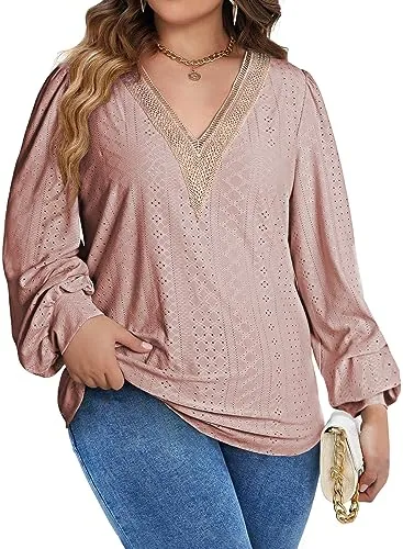 Lace V Neck Long Sleeve Loose Tunic, Pink