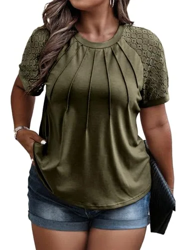 Lace Crew Neck Short Sleeve Dress, Moss Green