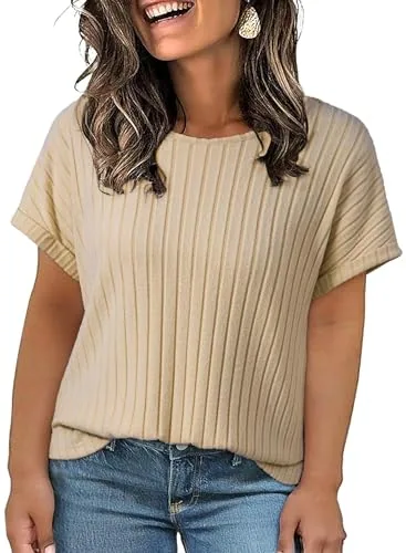 Ribbed Knit Crew Neck Short Sleeve Tee, Apricot