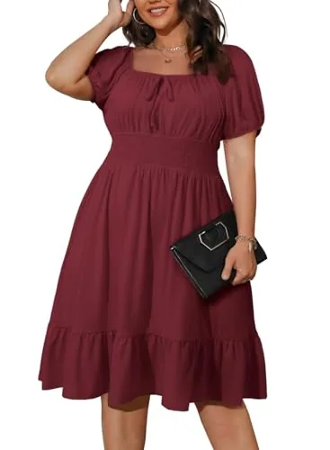 Square Neck Short Sleeve Mini Dress, Red Dahlia
