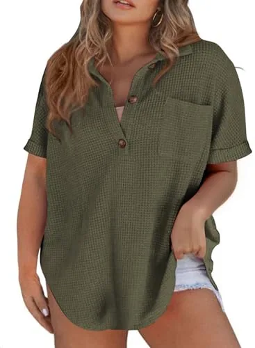 Waffle Knit V Neck Short Sleeve Blouse, Moss Green