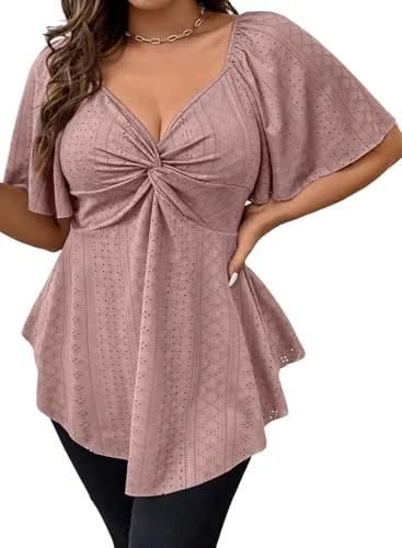 Lace V Neck Short Sleeve Peplum Top, Fushia