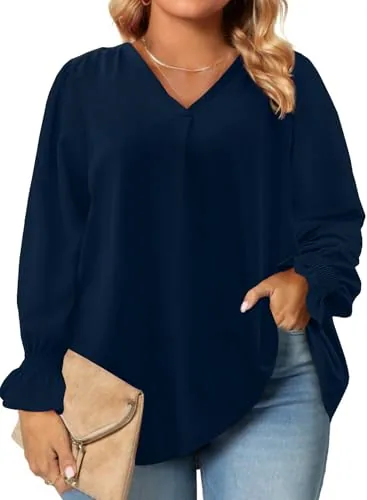 Chiffon V Neck Long Sleeve Blouse II, Navy Blue