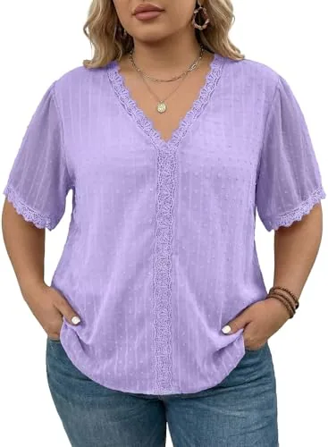 Lace V Neck Short Sleeve Blouse II, Purple