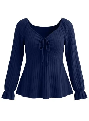 V Neck Long Sleeve Drawstring Blouse II, Navy Blue