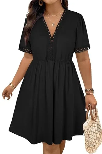 Lace V Neck Short Sleeve Elastic Waist Dress, Black
