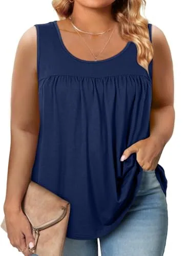 Crew Neck Sleeveless Loose Tank Top, Navy Blue