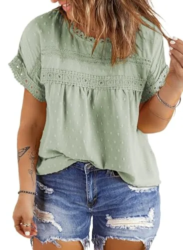 Lace Crew Neck Short Sleeve Blouse, Light Green