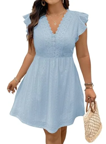 Lace V Neck Cap Sleeve Dress, Sky Blue