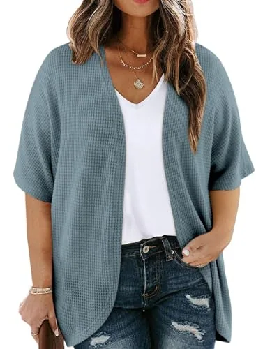 Waffle Knit Short Sleeve Kimono Cardigan, Haze Blue