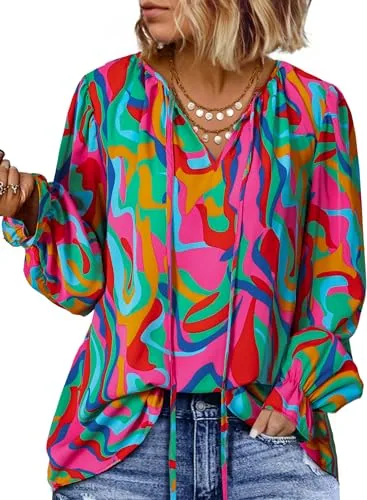 V Neck Long Sleeve Drawstring Dress, Multicolor