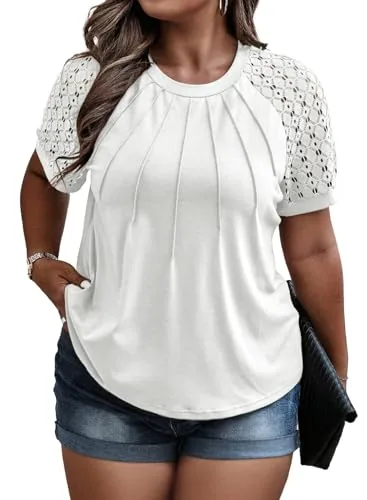 Lace Crew Neck Short Sleeve Loose Blouse, White