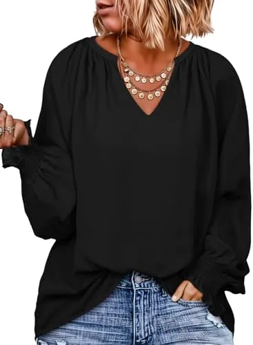 V Neck Long Sleeve Smocked Top, Black