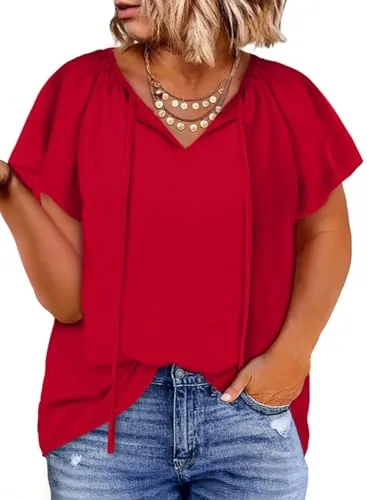 V Neck Short Sleeve Drawstring Dress, Red