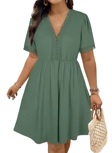 Lace V Neck Short Sleeve Elastic Waist Dress, Green