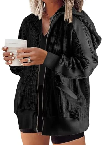 Waffle Knit Long Sleeve Jacket, Black
