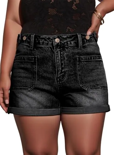 Denim High Waist Straight Leg Shorts, Black
