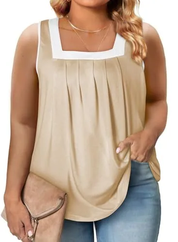 Colour Block Square Neck Sleeveless Tank Top, Apricot