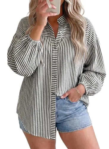 Striped Collared Long Sleeve Blouse, Black