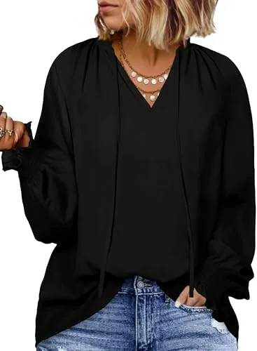Chiffon V Neck Long Sleeve Shirt, Black