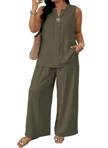 High Waist Wide Leg V Neck Sleeveless Lounge Set, Four Leaf Clover