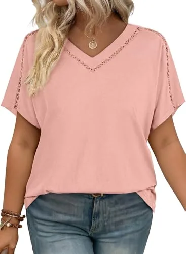 V Neck Short Sleeve Loose Blouse, Apricot Pink