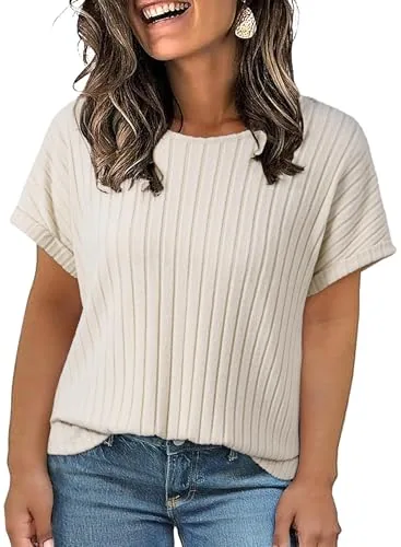 Round Neck Short Sleeve Loose Tunic, Beige